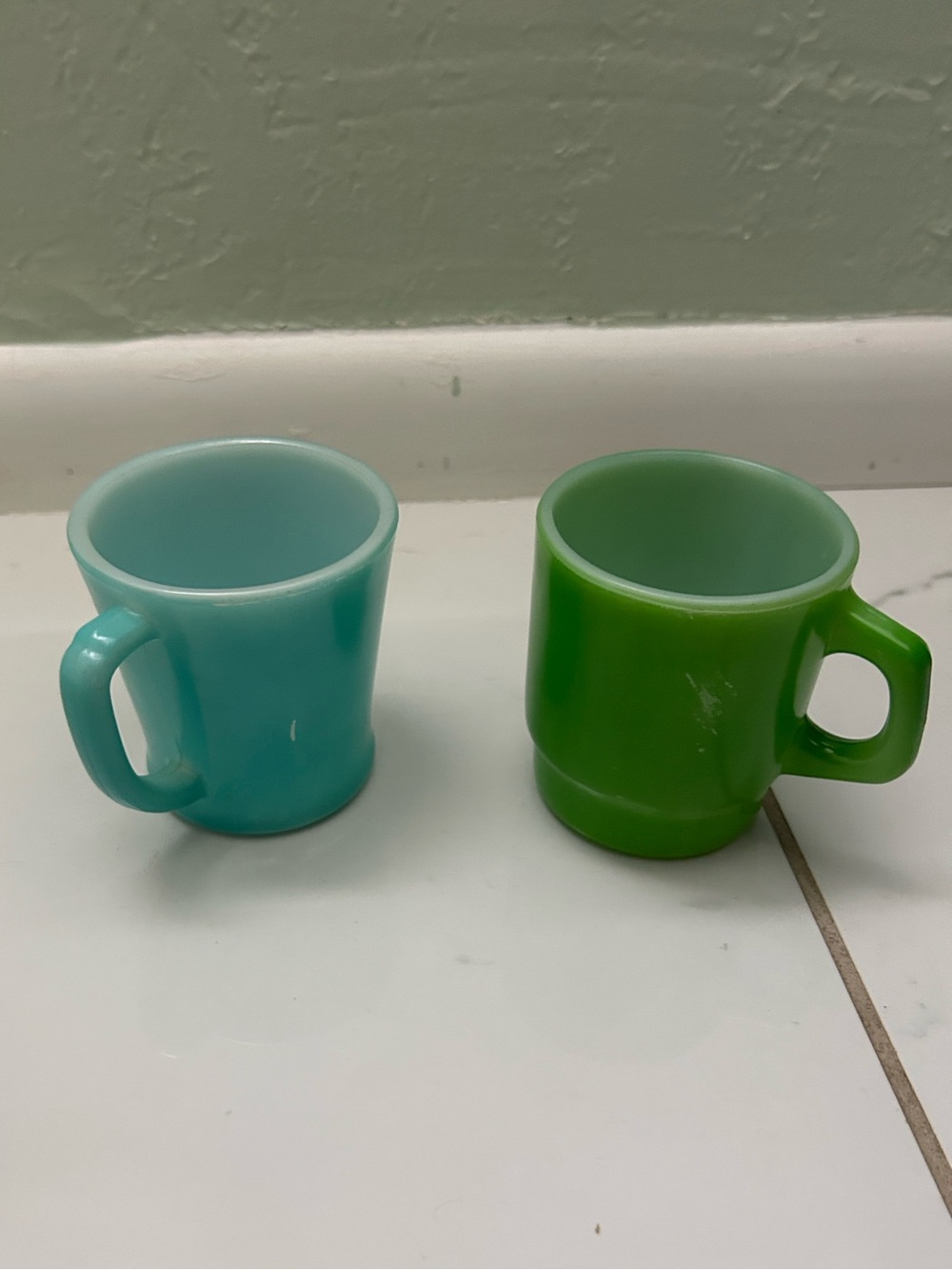 Vintage Fire King Turquoise and Green Glass Mugs - Set of 2